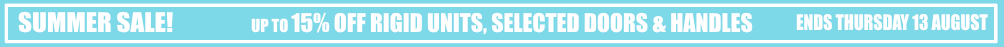 sale 15% off rigid units, up to 15% off selected doors and handles